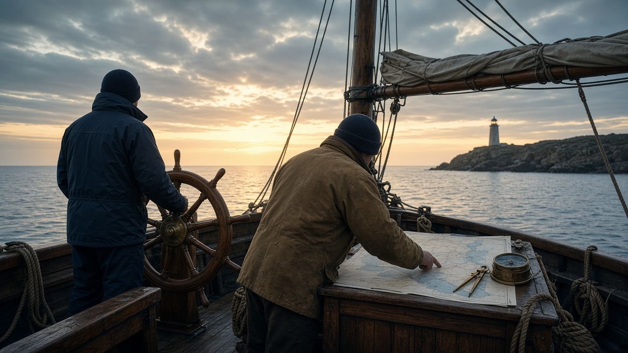 Two sailors on a wooden boat at dusk, one at the helm and one pointing to a chart, with a lighthouse on a rocky headland.