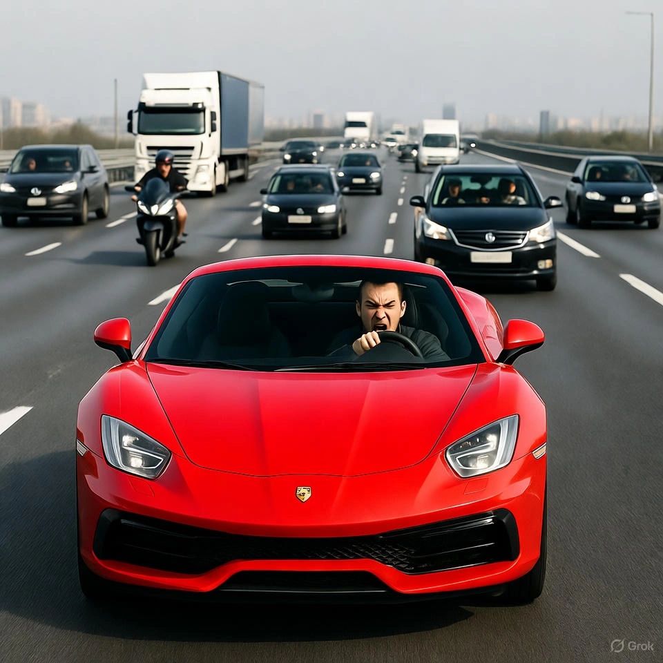 Two cars side by side on a road, seen through a rainy windshield, with the headline Anger and Road Rage.