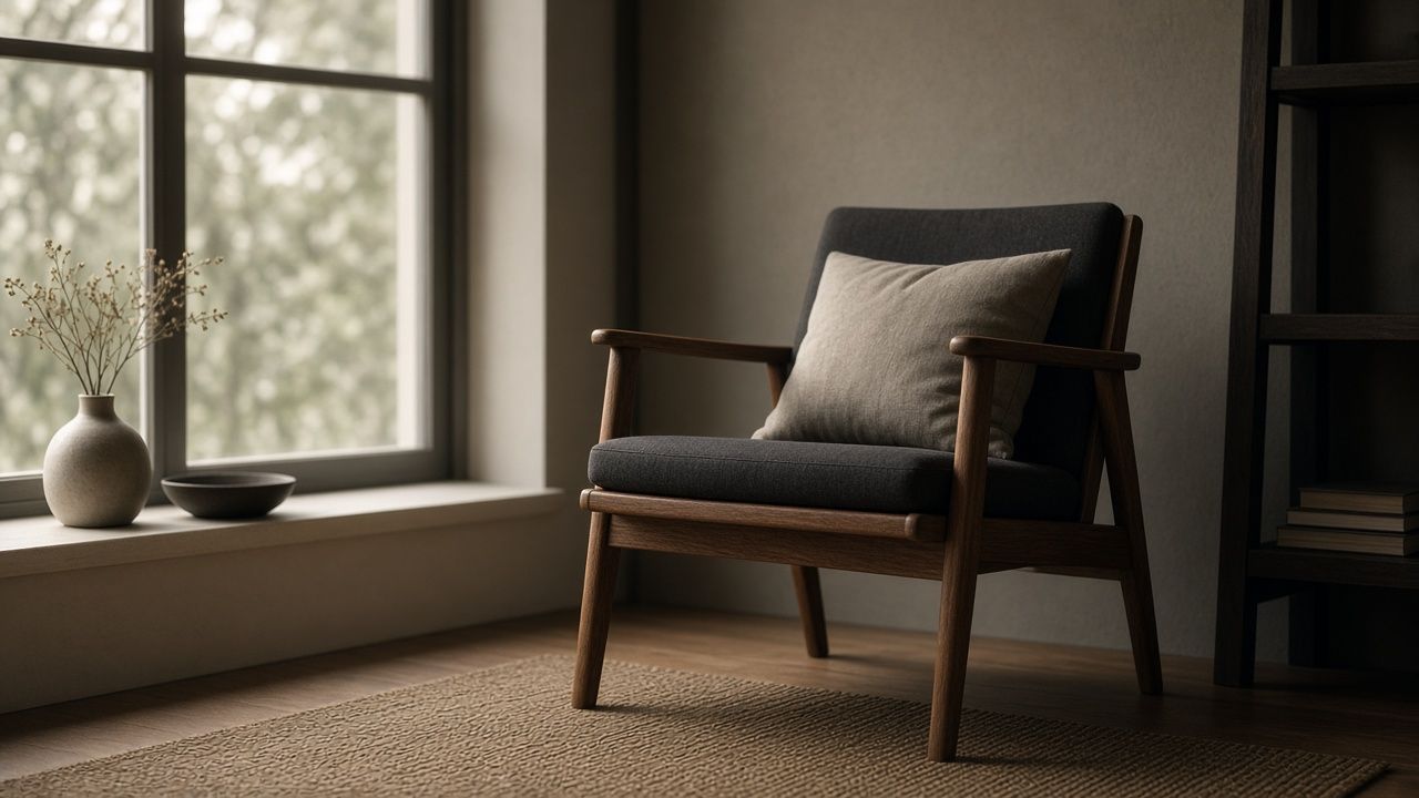 A quiet sunlit room with a wooden armchair, dark cushion, and beige pillow beside a window, dried stems in a vase, and a woven rug.