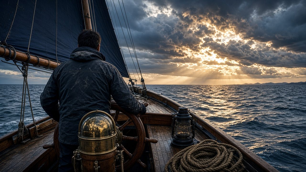 A sailboat with white sails on calm blue water under a clear sky, with the title How to stay steady through the next few years of AI.