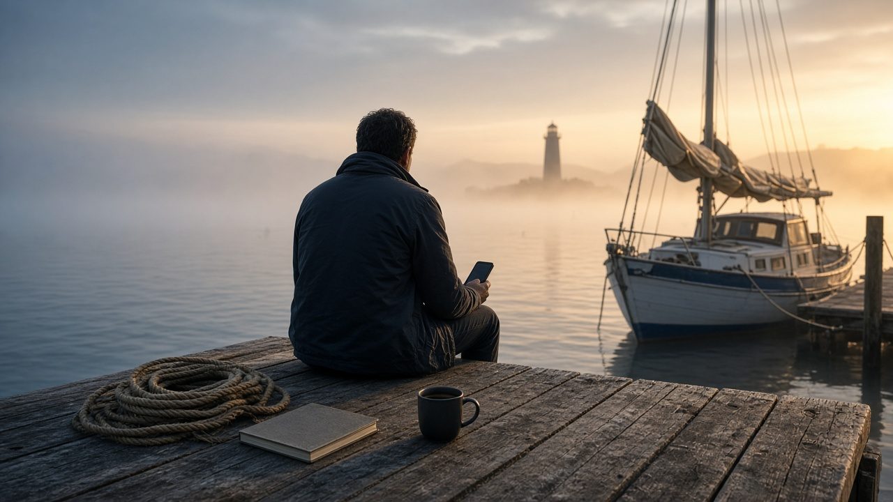A person in a wooden rowboat on calm blue water, with the title Is worry about AI putting your life on hold?
