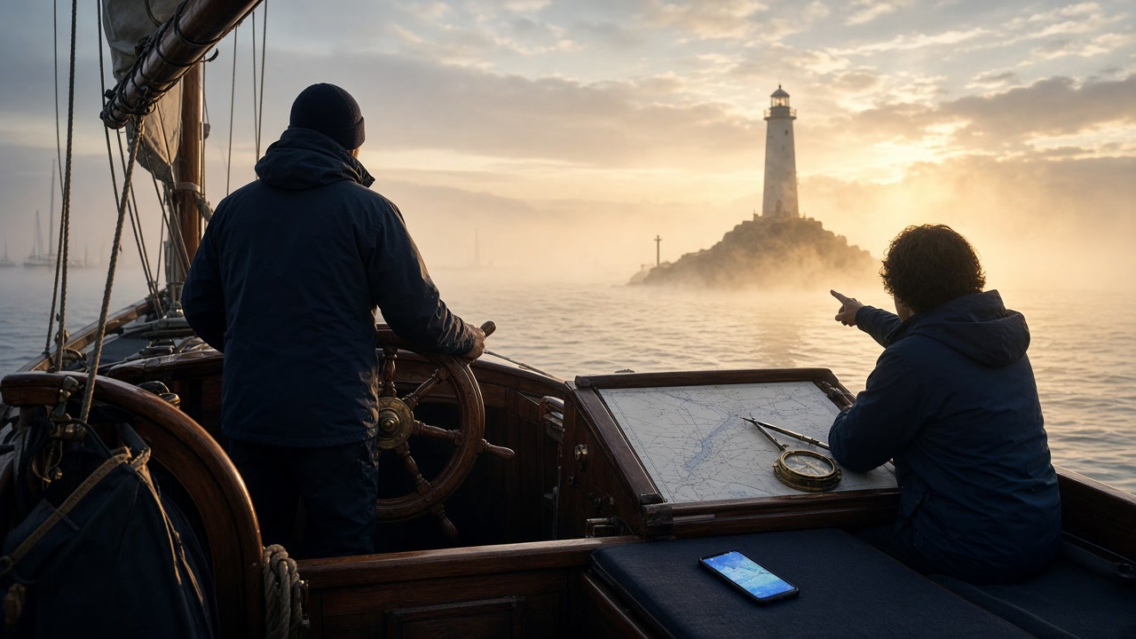 Two sailors on a wooden boat at sunrise, one at the helm and one pointing toward a lighthouse, with a chart, compass, and a glowing phone on the deck.