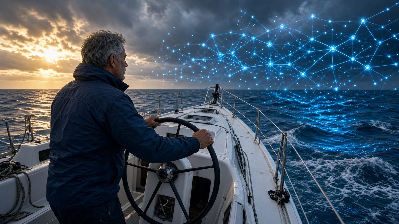 A man steering a sailboat toward rough water under storm clouds lit with glowing AI network lines.