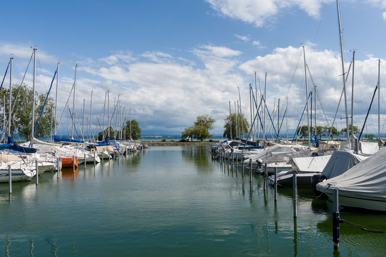 A quiet marina channel in bright daylight, with small sailboats tied along still green water under a pale blue sky.