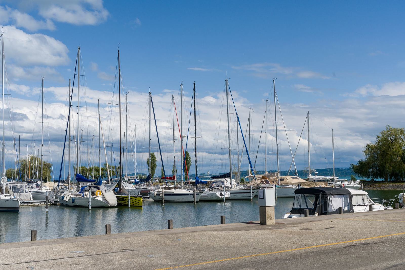 Sailboats docked at a light harbor on a sunny day, with calm water and a bright sky.