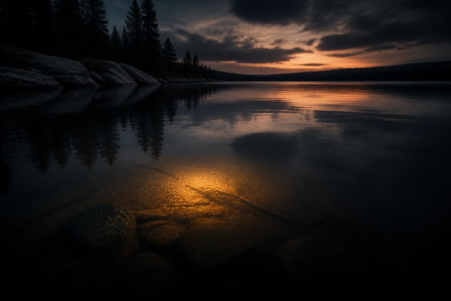 Cover artwork for What’s Under the Anger: a lake at dusk with a warm glow under the water