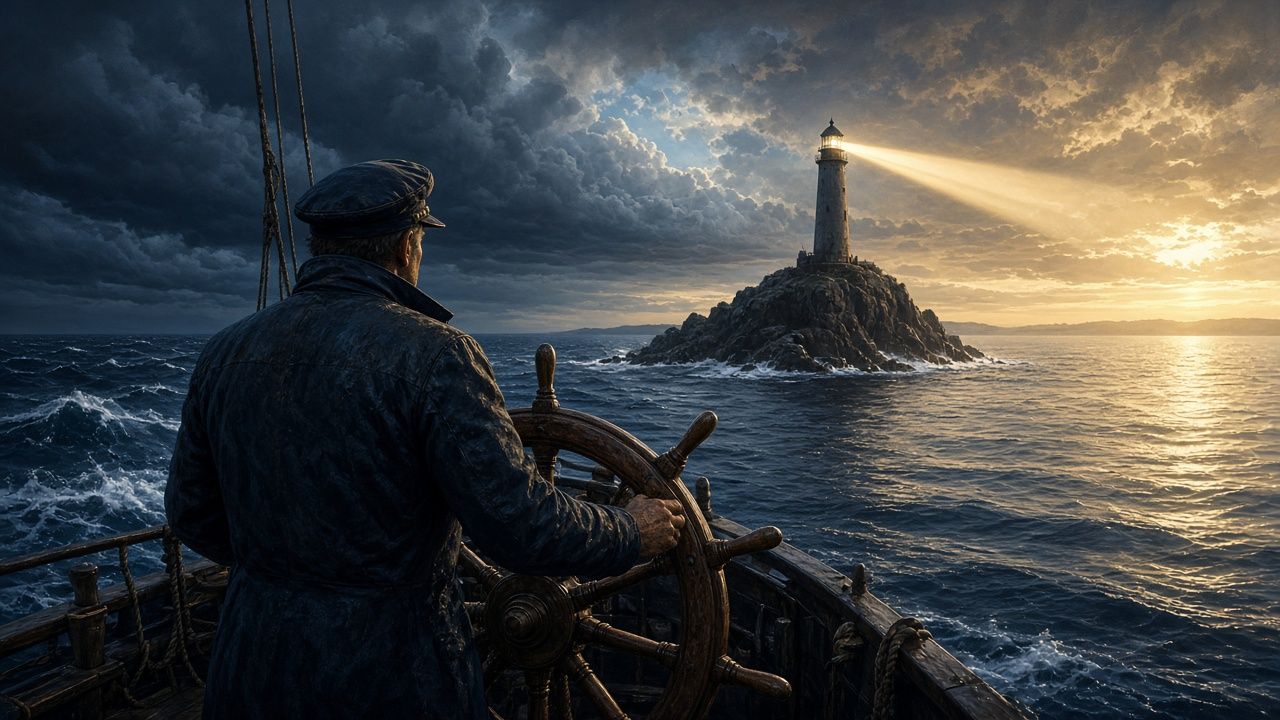 A sailor at a ship's helm, with storm clouds passing, a lighthouse on a rocky reef ahead, and clearing gold light on the horizon.