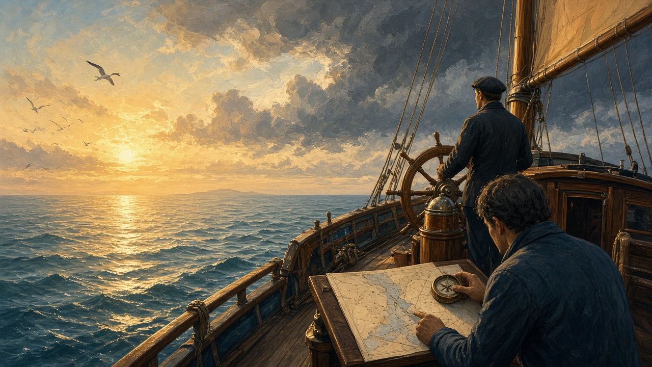 Two sailors on a wooden deck at sunset, one at the helm and one reading a chart with a compass, with gulls over a gold sea.